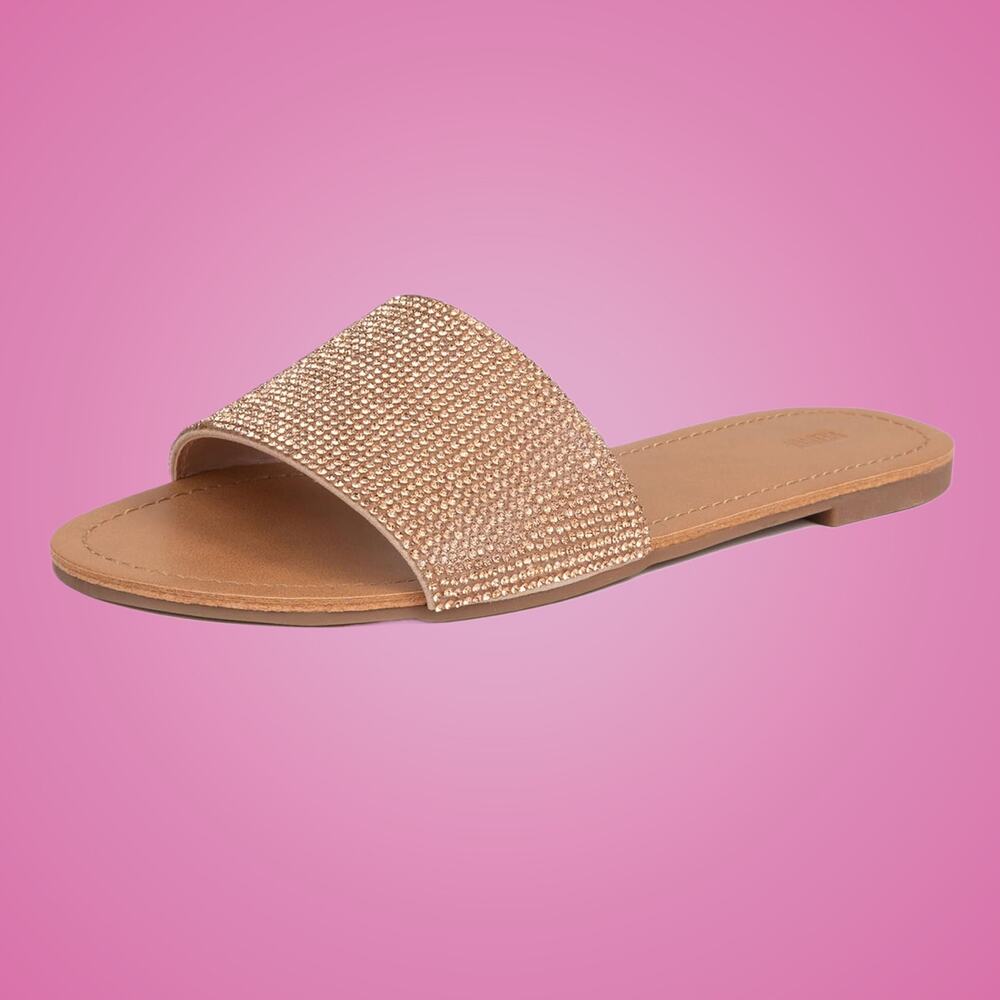 Women's Size 6 Rhinestone Flat Open Toe Sparkle Slide Sandals - Picture 2 of 9